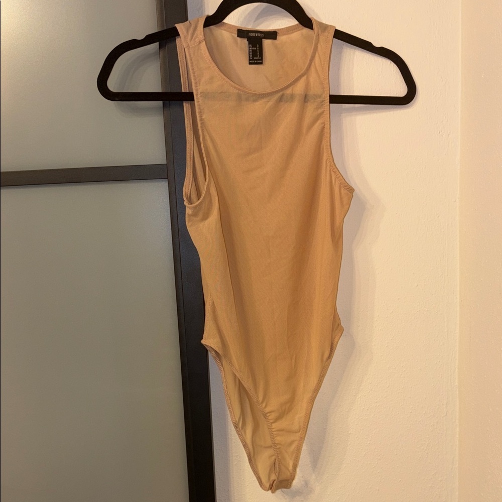 Mesh High-Cut Bodysuit in Tan
